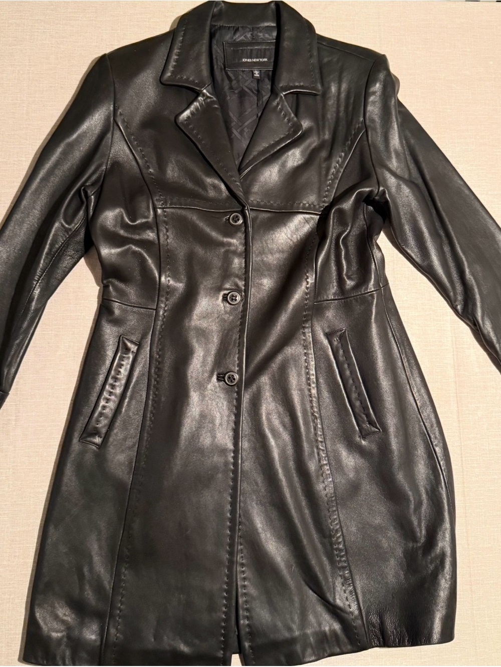 Jones New York Black Leather Button-Front Coat
